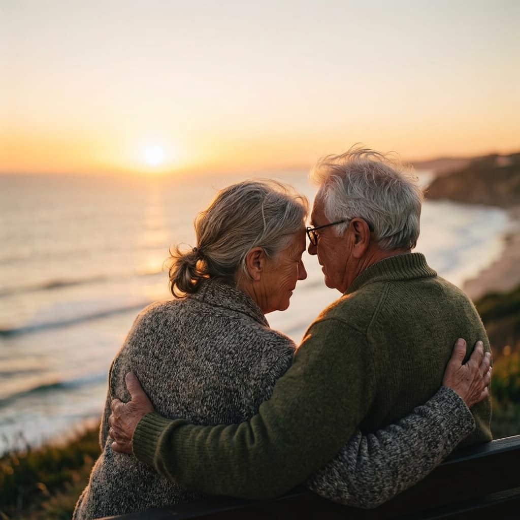 Mature New Zealander looking out to a peaceful coastal horizon at sunset